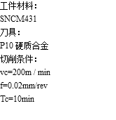 工件材料： SNCM431 刀具： P10 硬质合金 切削条件： vc=200m / min f=0.02mm/rev Tc=10min