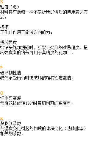 N 粘度（粘） 材料具有像糖一样不易折断的性质的惯用表达方式。 扭矩 工作时作用于旋转方向的力。 扭转强度 给钻头施加扭矩时，断裂与变形的难易程度。扭转强度高的钻头可用于高精度的孔加工。 P 破坏韧性值 物体承受负荷时被破坏的难易程度数值。 Q 切削刃高度 使麻花钻旋转180°时各切削刃的高度差。 R 热膨胀系数 与温度变化引起的物质的体积变化（热膨胀率）相关的系数。 