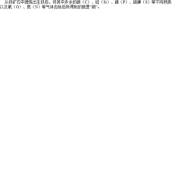  从铁矿石中提炼出生铁后，将其中多余的碳（C）、硅（Si）、磷（P）、硫磺（S）等不纯物质以及氧（O）、氮（N）等气体去除后所得到的就是“钢”。