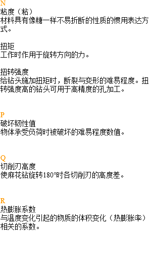 N 粘度（粘） 材料具有像糖一样不易折断的性质的惯用表达方式。 扭矩 工作时作用于旋转方向的力。 扭转强度 给钻头施加扭矩时，断裂与变形的难易程度。扭转强度高的钻头可用于高精度的孔加工。 P 破坏韧性值 物体承受负荷时被破坏的难易程度数值。 Q 切削刃高度 使麻花钻旋转180°时各切削刃的高度差。 R 热膨胀系数 与温度变化引起的物质的体积变化（热膨胀率）相关的系数。 