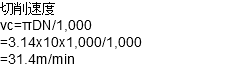 切削速度 vc=πDN/1,000 =3.14x10x1,000/1,000 =31.4m/min